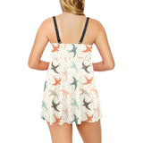 Swallow Pattern Print Design 02 Chest Sexy Pleated Two Piece Swim Dress