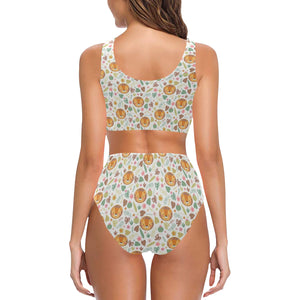Lion Pattern Print Design 04 Chest Bowknot High Waisted Bikini Swimsuit