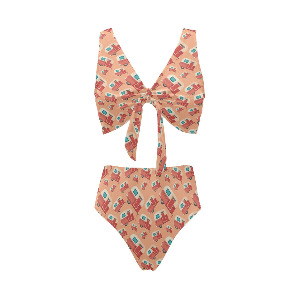 Camper Van Pattern Print Design 03 Chest Bowknot High Waisted Bikini Swimsuit