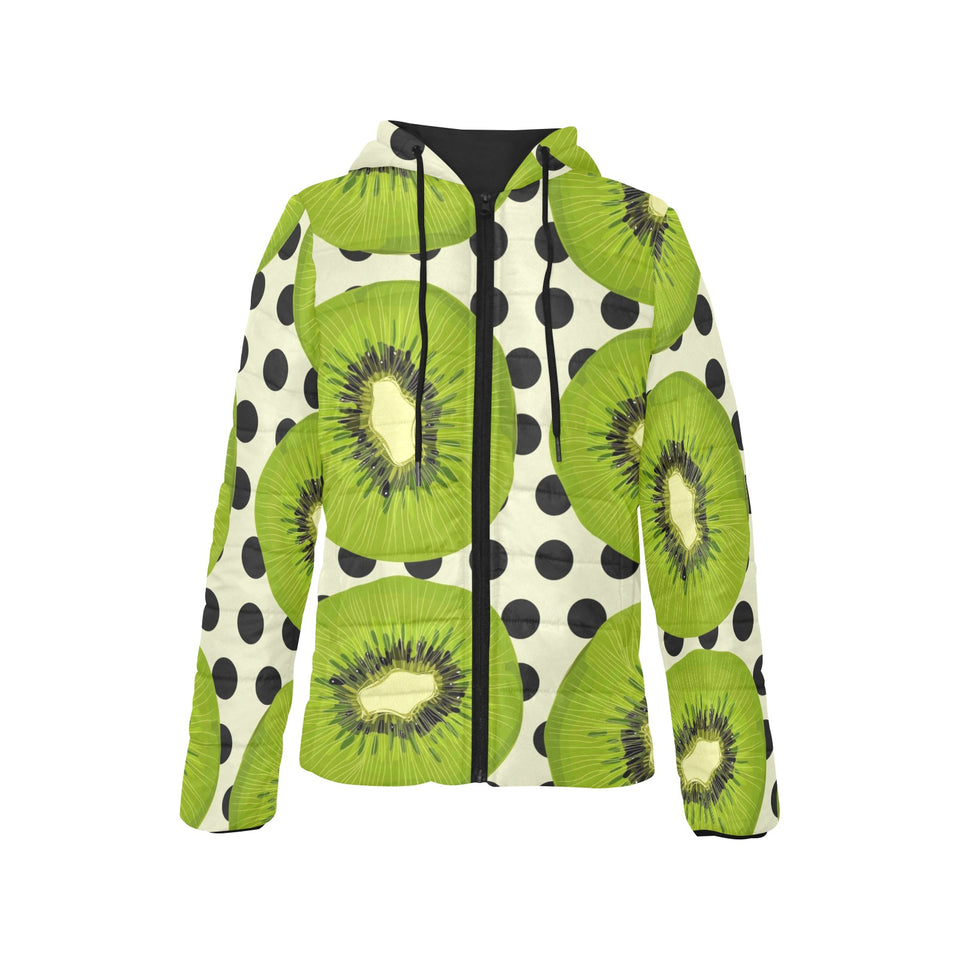 kiwi black dot background Women's Padded Hooded Jacket