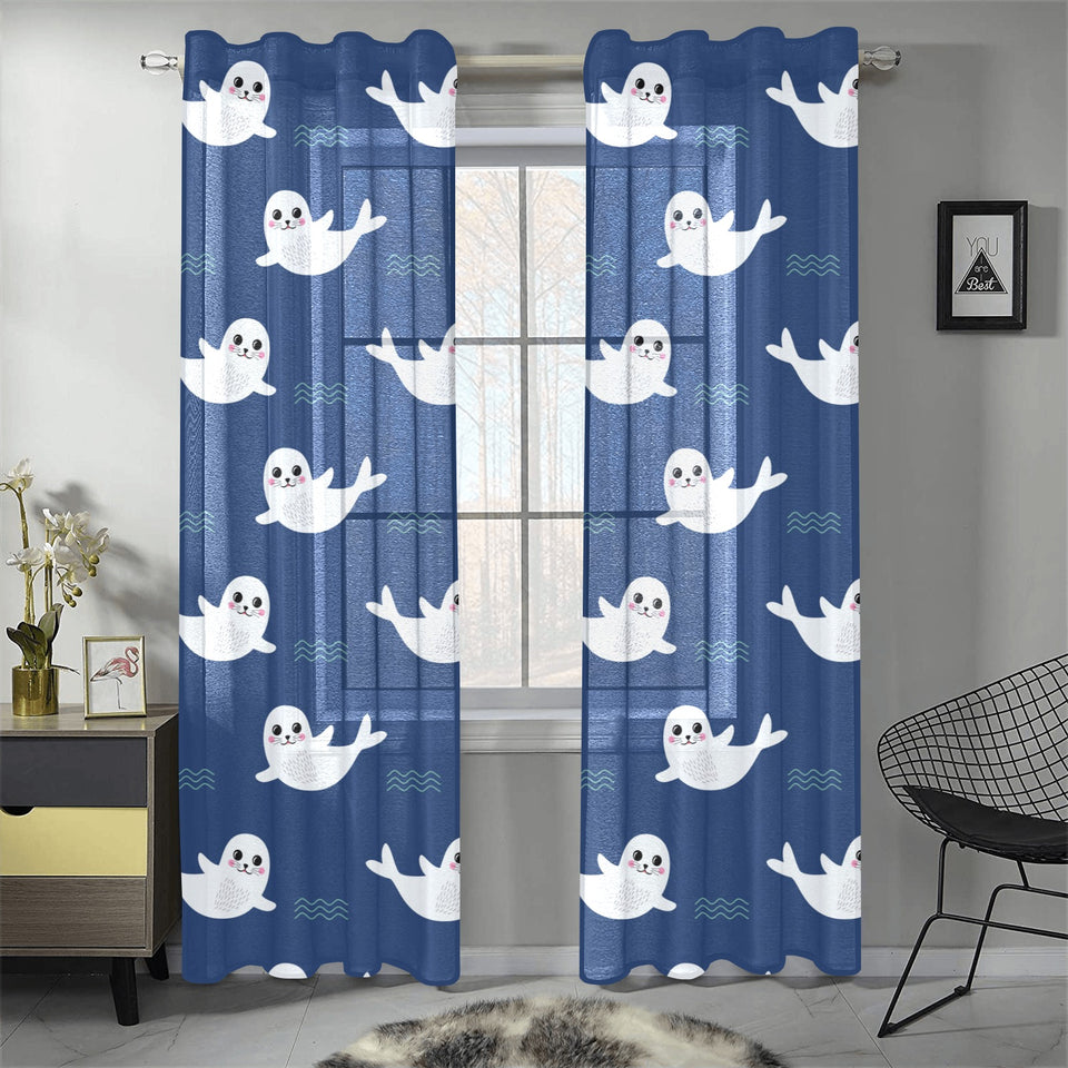 Cute white baby sea lion seal pattern Gauze Curtain