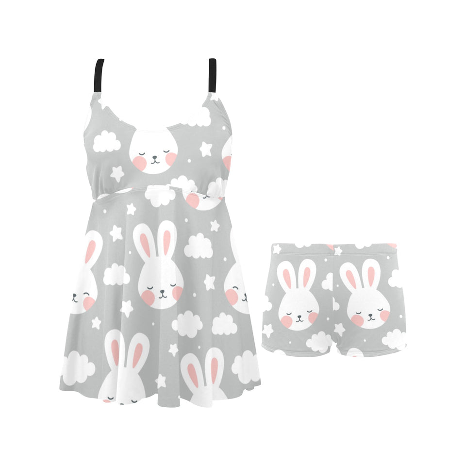Rabbit cloud Pattern Chest Sexy Pleated Two Piece Swim Dress