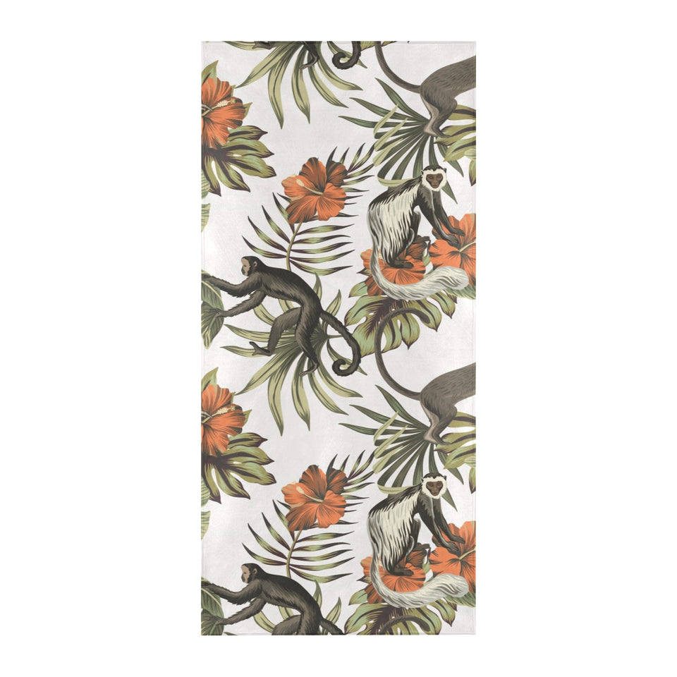 Monkey red hibiscus flower palm leaves floral patt Beach Towel