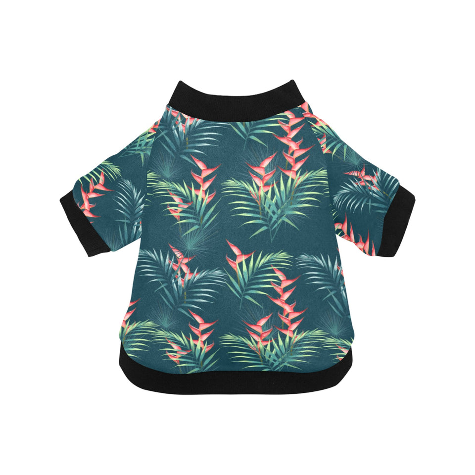 heliconia flowers, palm and monstera leaves on bla All Over Print Pet Dog Round Neck Fuzzy Shirt