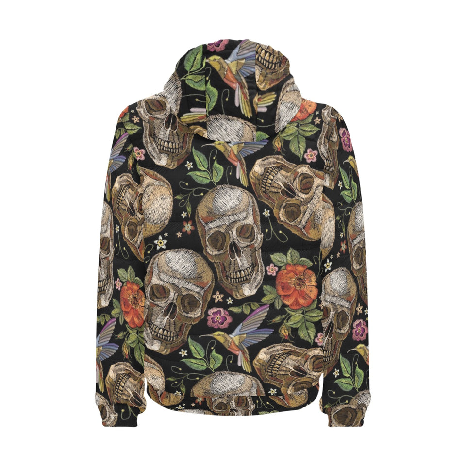 Skull rose humming bird flower pattern Men's Padded Hooded Jacket