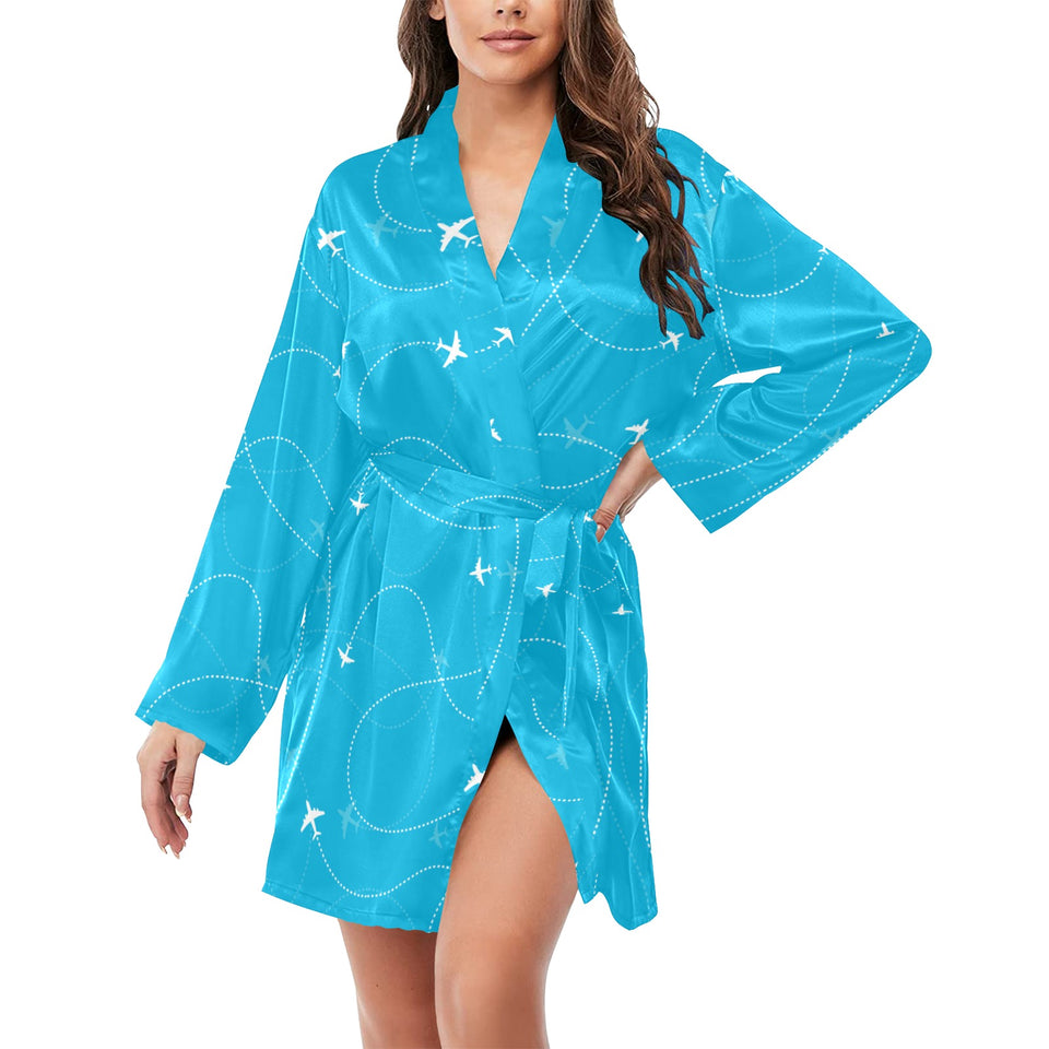 Airplane destinations blue background Women's Long Sleeve Belted Night Robe