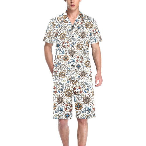 Cute nautical steering wheel anchor pattern Men's V-Neck Short Pajama Set