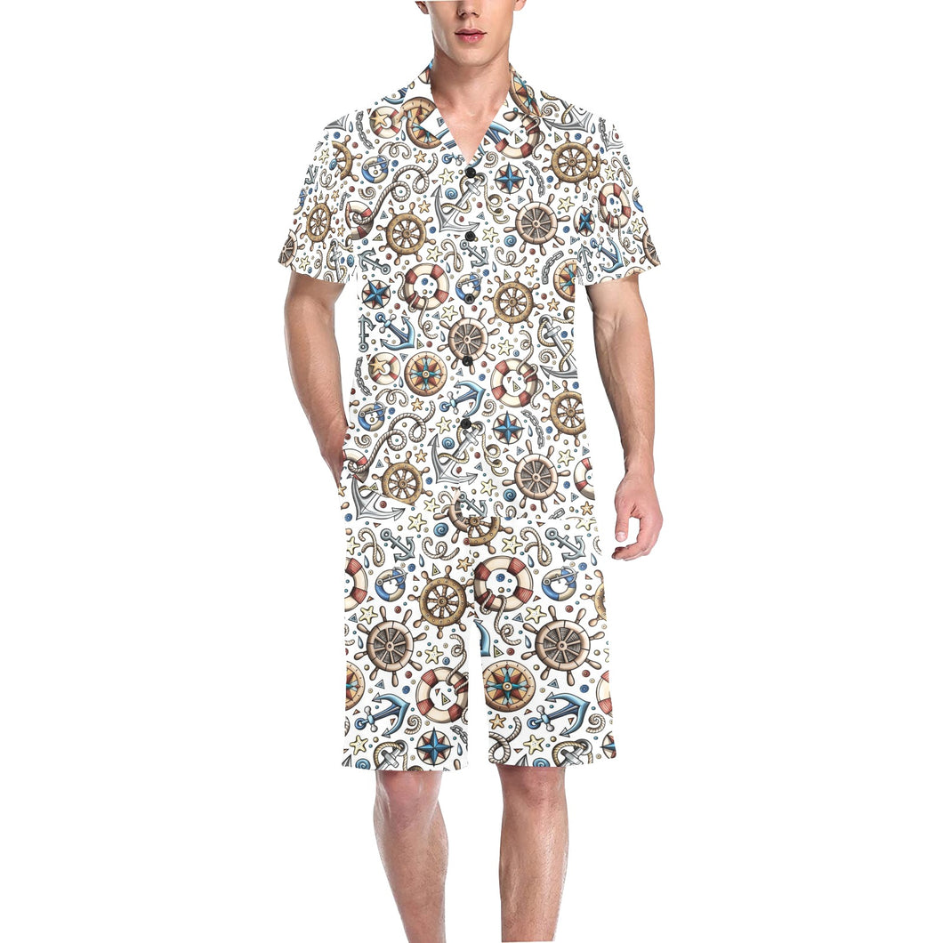 Cute nautical steering wheel anchor pattern Men's V-Neck Short Pajama Set