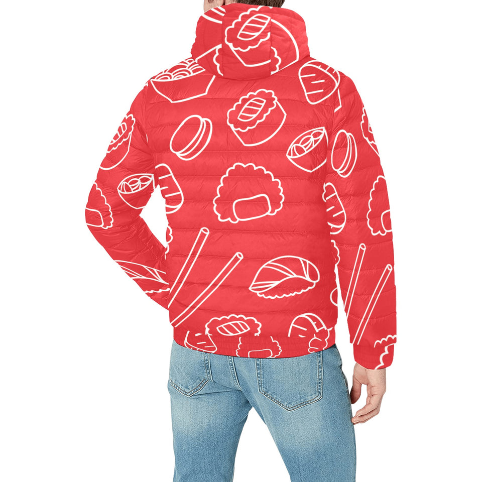 sushi pattern red background Men's Padded Hooded Jacket