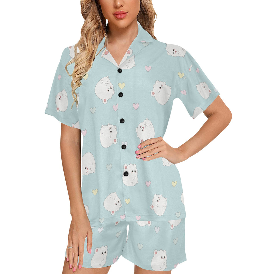 White cute hamsters heart pattern Women's V-Neck Short Pajama Set