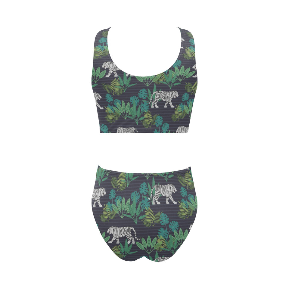 white bengal tigers tropical plant Chest Bowknot High Waisted Bikini Swimsuit