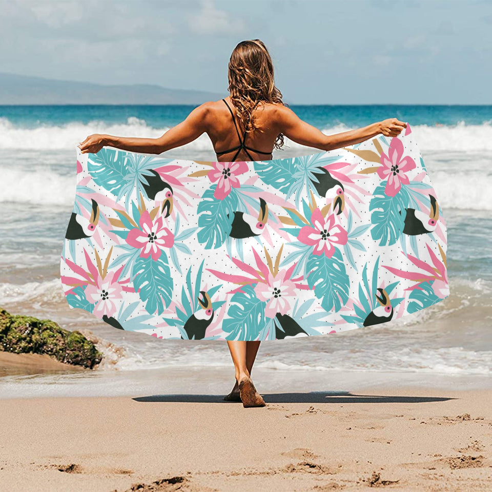 Toucan tropical flower leave pattern Beach Towel