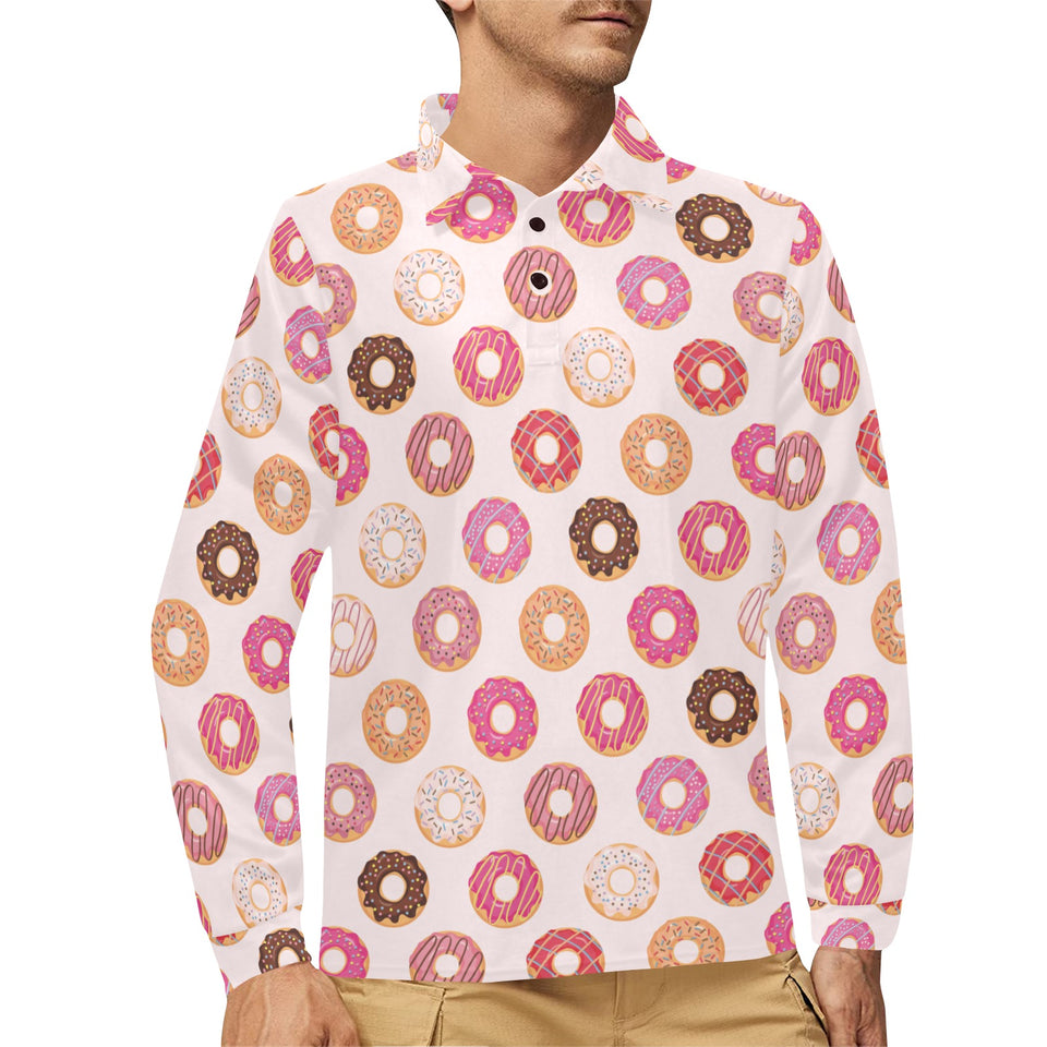 Colorful donut pattern Men's Long Sleeve Polo Shirt