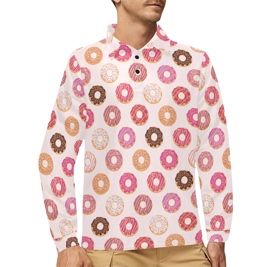 Colorful donut pattern Men's Long Sleeve Polo Shirt