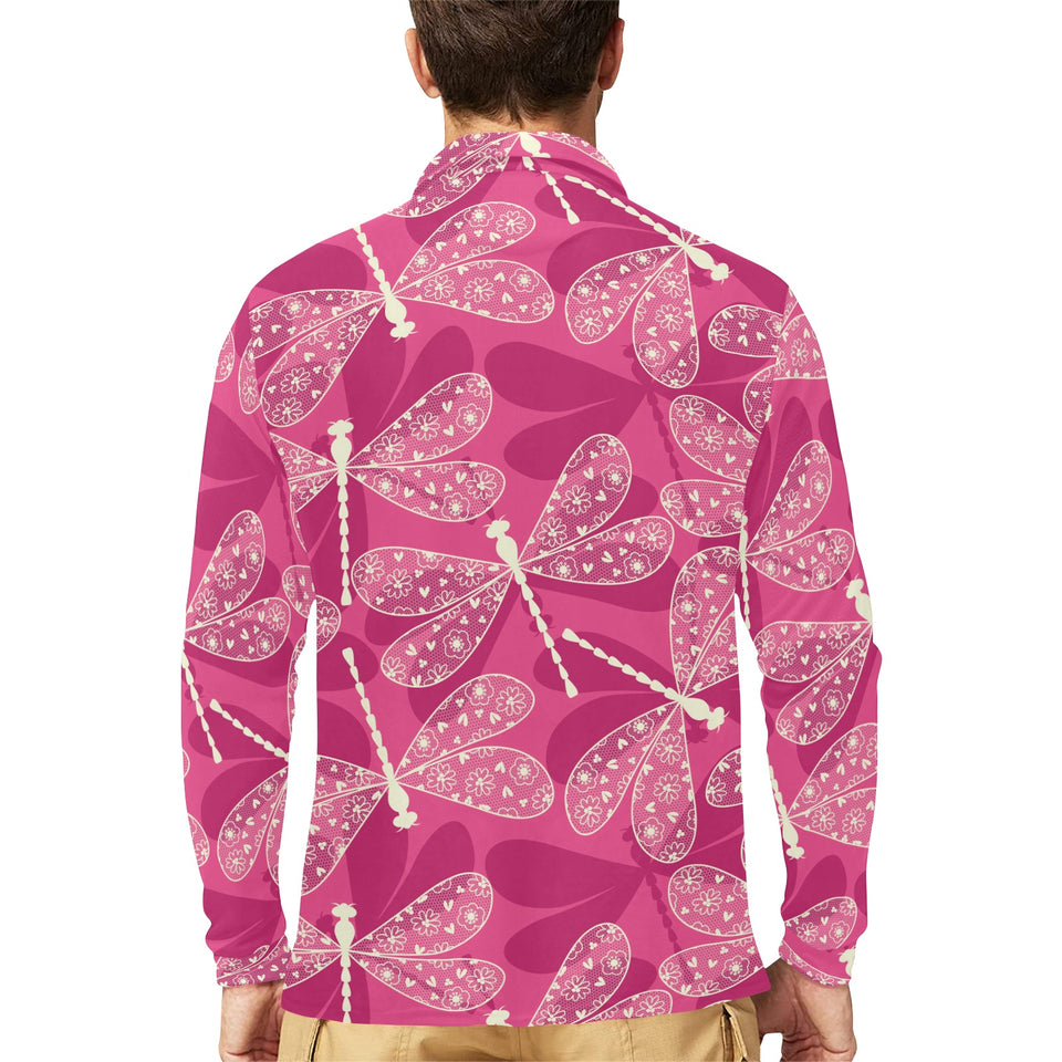 Beautiful dragonfly pink background Men's Long Sleeve Polo Shirt