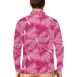 Beautiful dragonfly pink background Men's Long Sleeve Polo Shirt