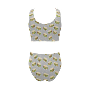 Sandwich Pattern Print Design 05 Chest Bowknot High Waisted Bikini Swimsuit