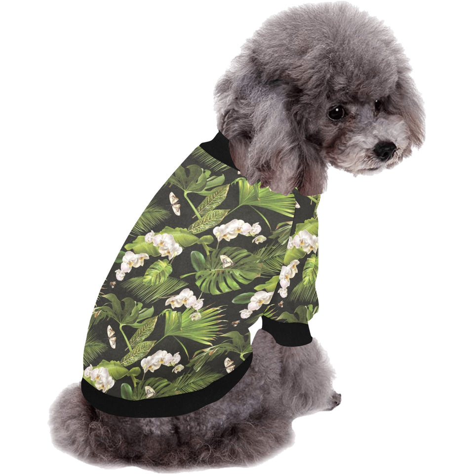 White orchid flower tropical leaves pattern blackg All Over Print Pet Dog Round Neck Fuzzy Shirt