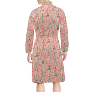 Eiffel Tower Flower Pattern Design 03 Men's Long Sleeve Belted Night Robe