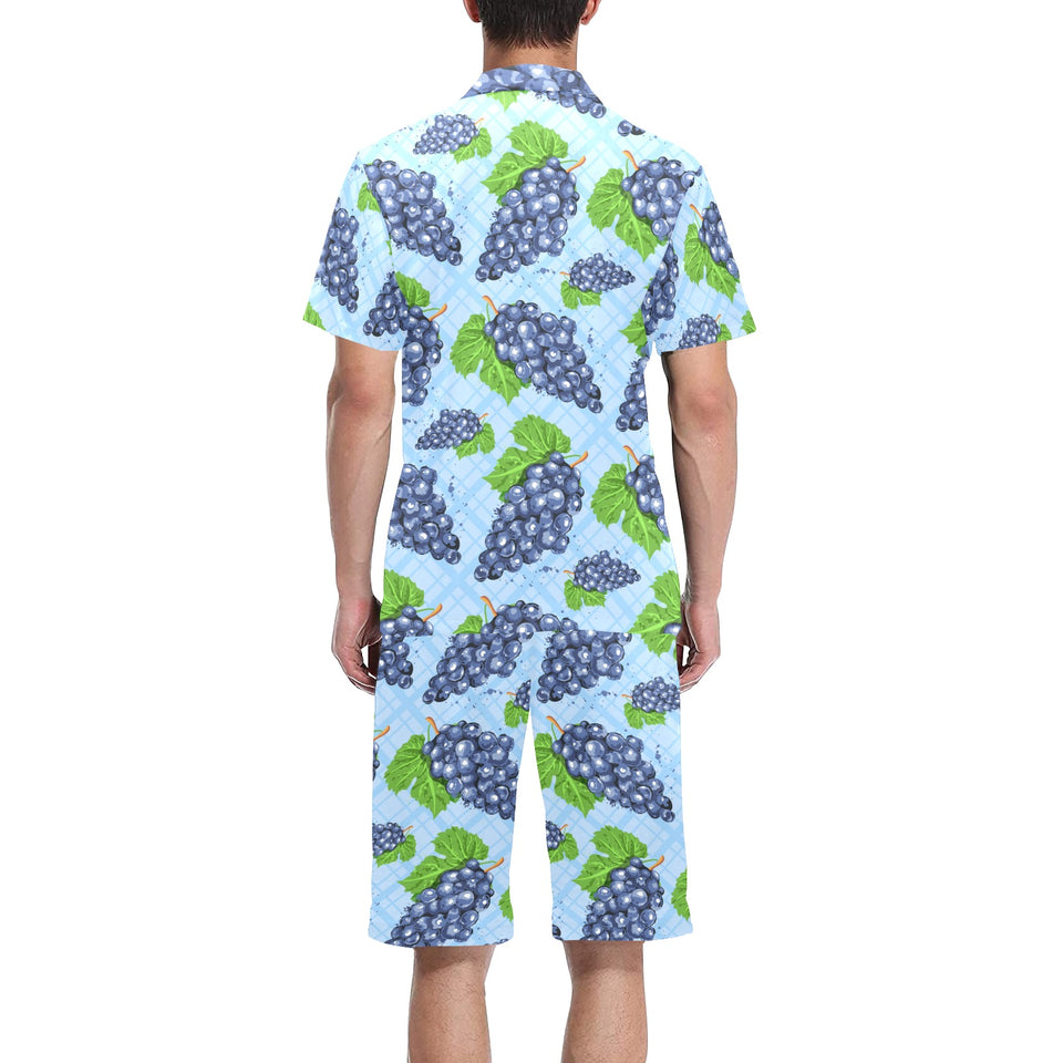 Watercolor grape pattern Men's V-Neck Short Pajama Set
