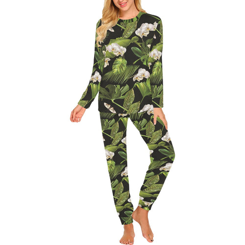 White orchid flower tropical leaves pattern blackg Women's All Over Print Pajama Set
