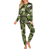 White orchid flower tropical leaves pattern blackg Women's All Over Print Pajama Set