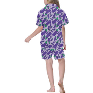 Eggplant Pattern Print Design 03 Kids' Boys' Girls' V-Neck Short Pajama Set