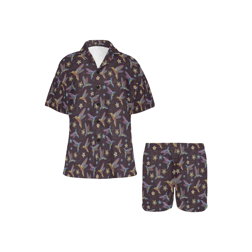 Hummingbird Pattern Print Design 04 Women's V-Neck Short Pajama Set