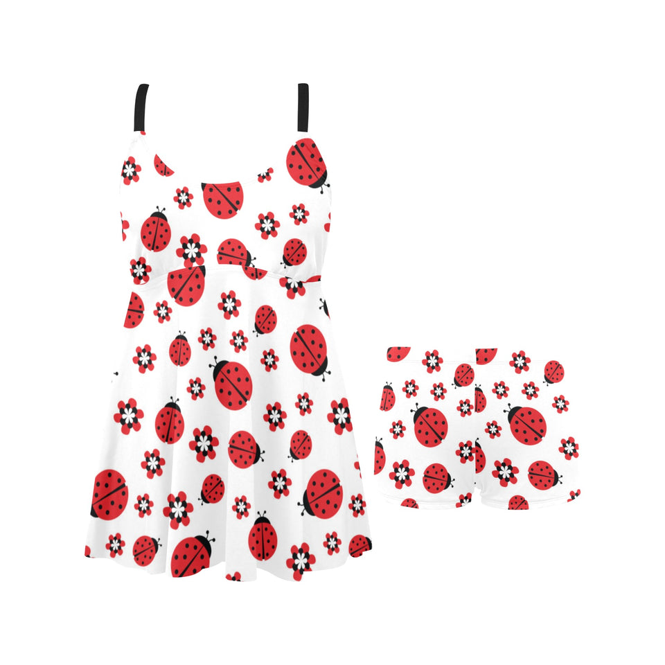 Ladybug Pattern Print Design 04 Chest Sexy Pleated Two Piece Swim Dress