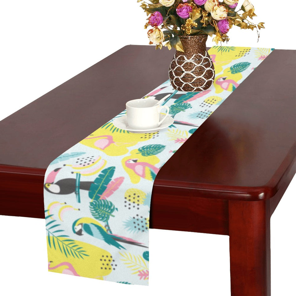 Cute parrot toucan flamingo cactus exotic leaves p Table Runner