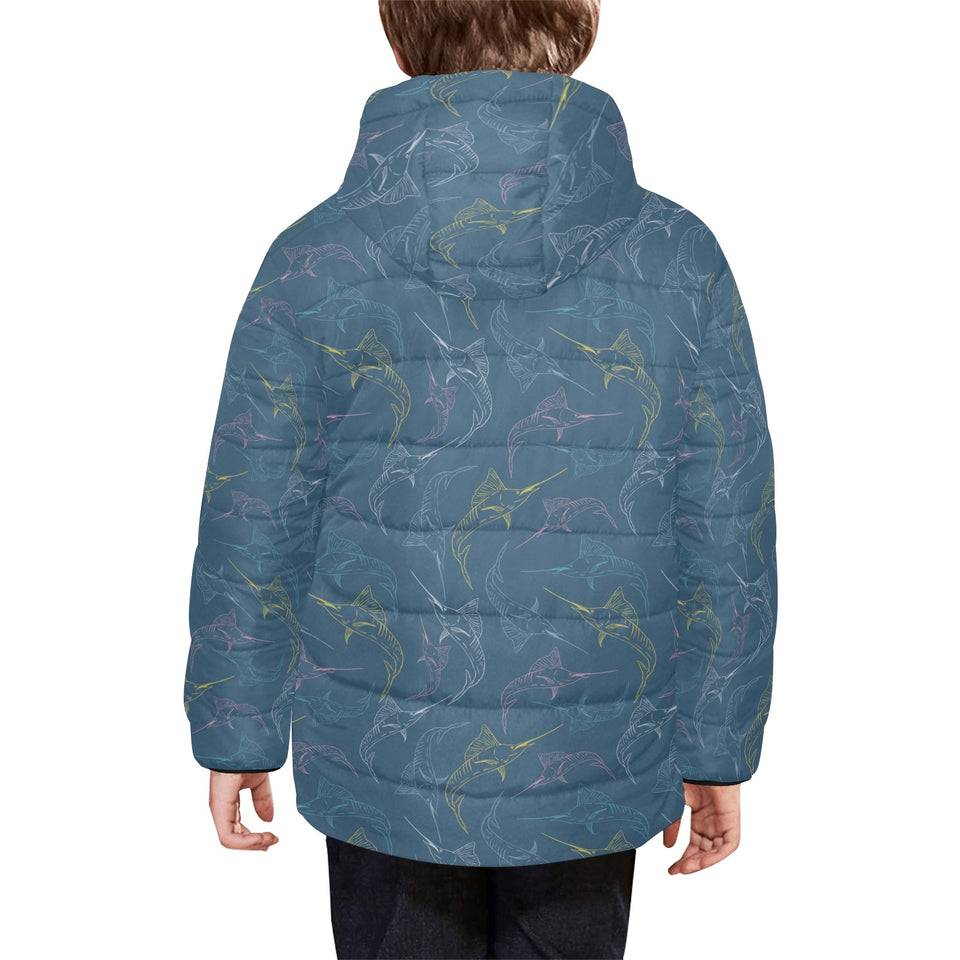 Swordfish Pattern Print Design 02 Kids' Boys' Girls' Padded Hooded Jacket