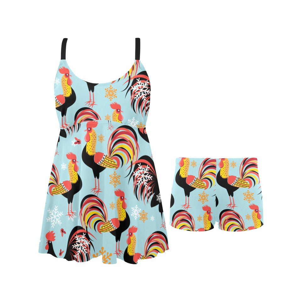 Rooster chicken cock snowfalke Chest Sexy Pleated Two Piece Swim Dress
