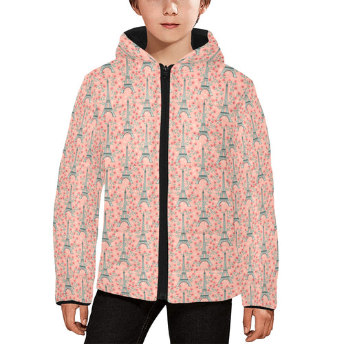 Eiffel Tower Flower Pattern Design 03 Kids' Boys' Girls' Padded Hooded Jacket