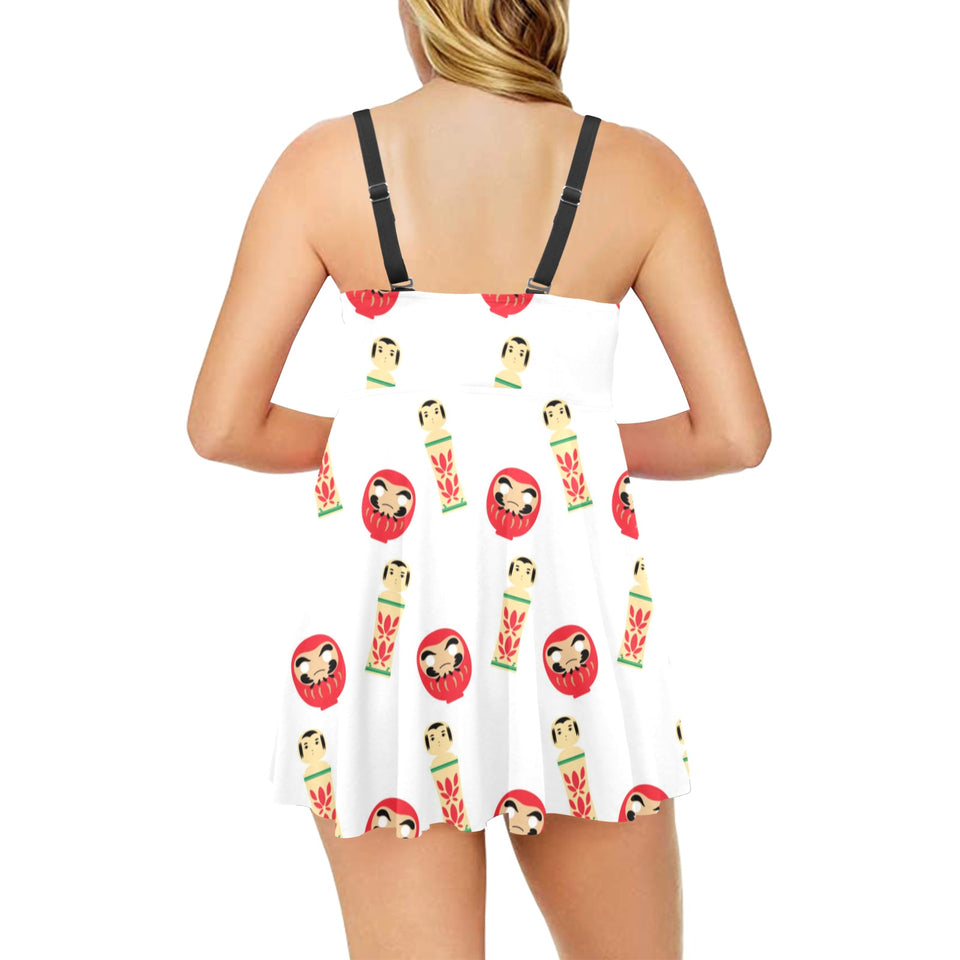 Daruma japanese wooden doll Chest Sexy Pleated Two Piece Swim Dress