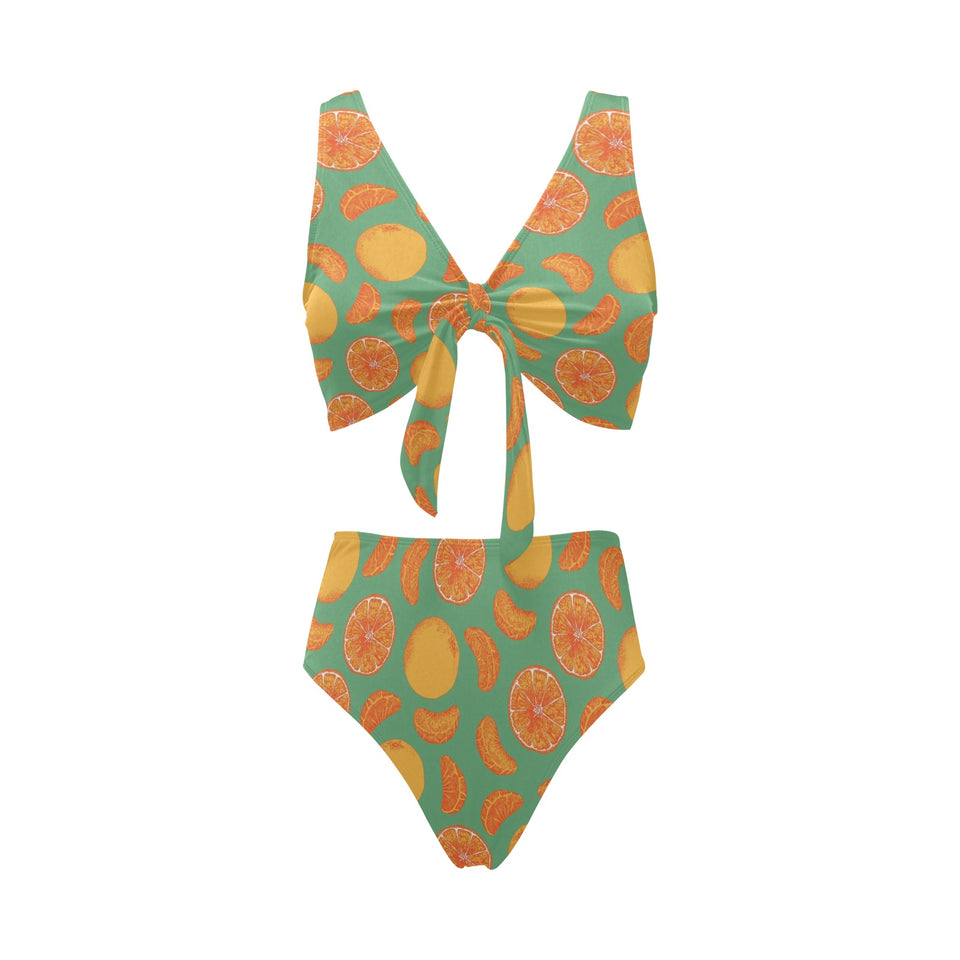 orange fruit pattern green background Chest Bowknot High Waisted Bikini Swimsuit