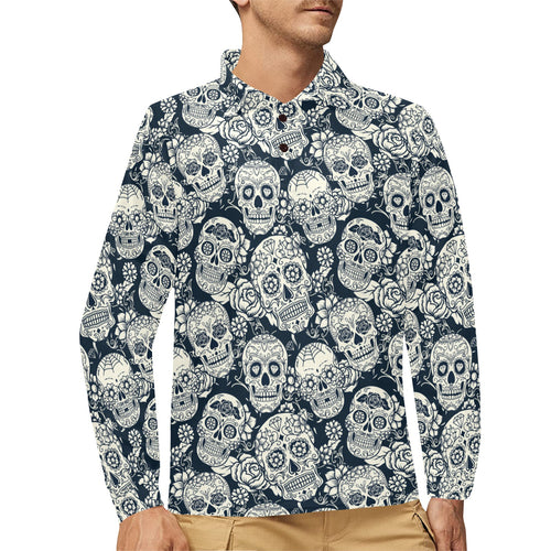 Sugar skull black white pattern Men's Long Sleeve Polo Shirt