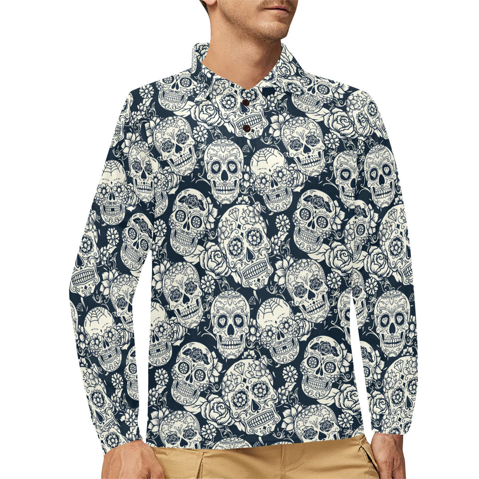 Sugar skull black white pattern Men's Long Sleeve Polo Shirt