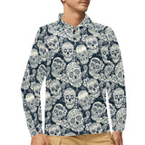 Sugar skull black white pattern Men's Long Sleeve Polo Shirt