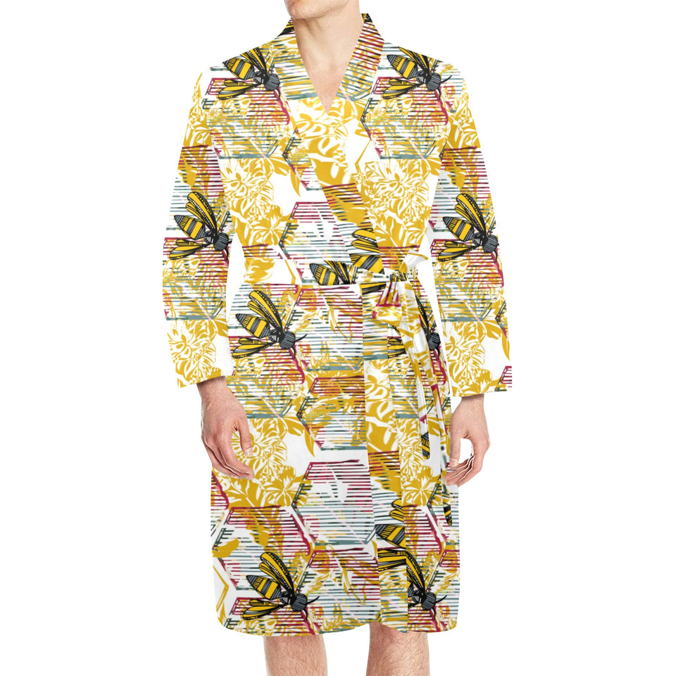 Cool Bee honeycomb leaves pattern Men's Long Sleeve Belted Night Robe