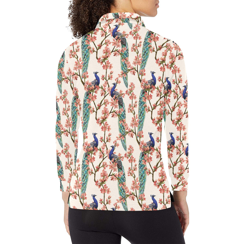 Peacock tropical flower pattern Women's Long Sleeve Polo Shirt