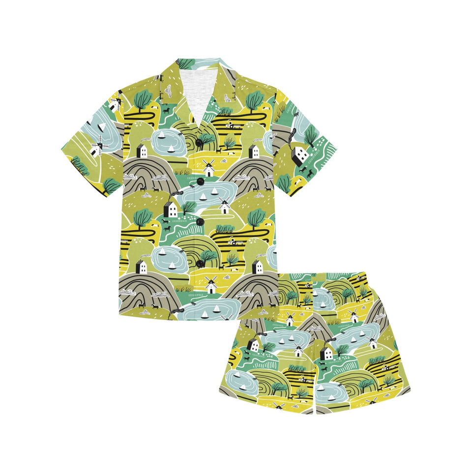 Hand drawn windmill pattern Kids' Boys' Girls' V-Neck Short Pajama Set