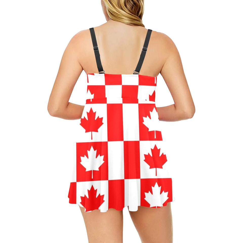 Canada Pattern Print Design 05 Chest Sexy Pleated Two Piece Swim Dress