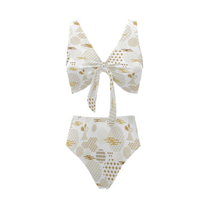 Beautiful gold japanese pattern Chest Bowknot High Waisted Bikini Swimsuit
