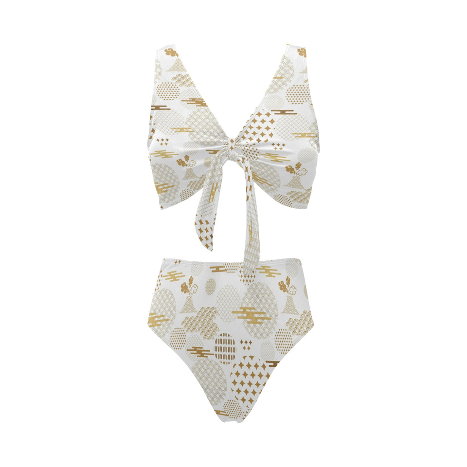 Beautiful gold japanese pattern Chest Bowknot High Waisted Bikini Swimsuit
