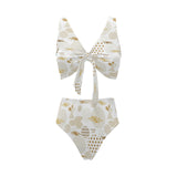 Beautiful gold japanese pattern Chest Bowknot High Waisted Bikini Swimsuit