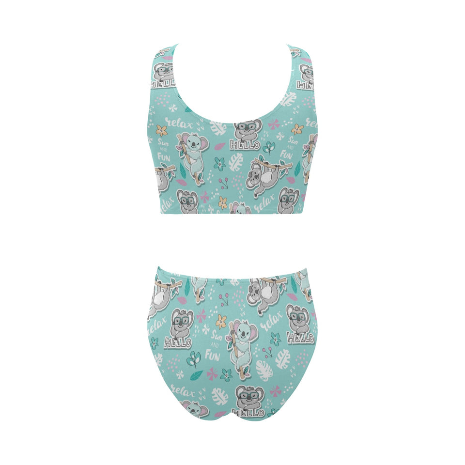 Cute koalas blue background pattern Chest Bowknot High Waisted Bikini Swimsuit