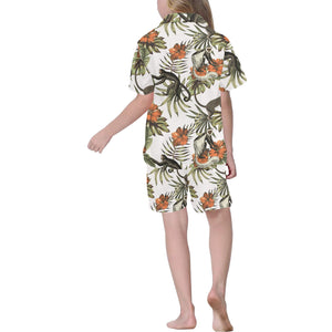 Monkey red hibiscus flower palm leaves floral patt Kids' Boys' Girls' V-Neck Short Pajama Set