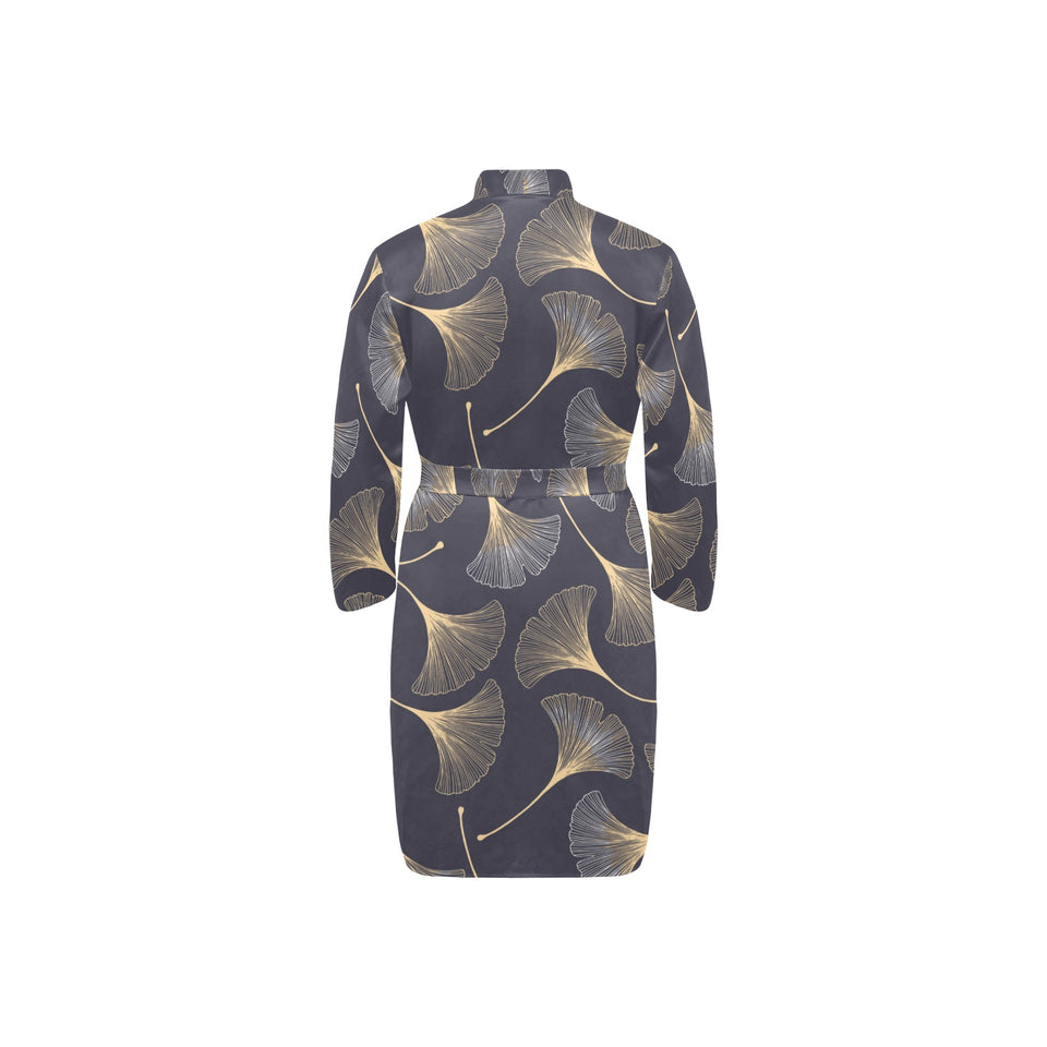 Gold ginkgo leaves Men's Long Sleeve Belted Night Robe