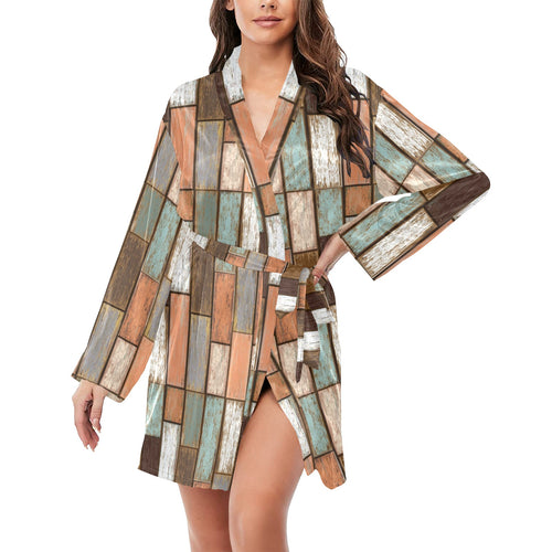 Wood Printed Pattern Print Design 02 Women's Long Sleeve Belted Night Robe