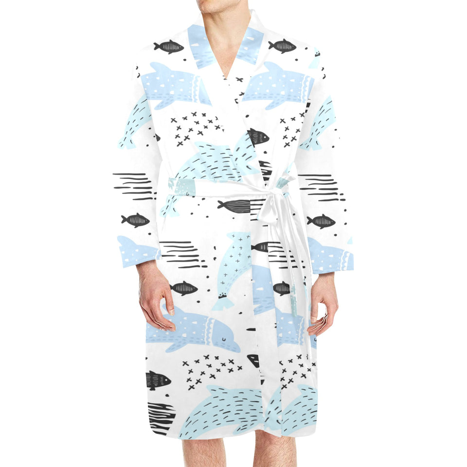 Cute dolphins Childish Style pattern Men's Long Sleeve Belted Night Robe